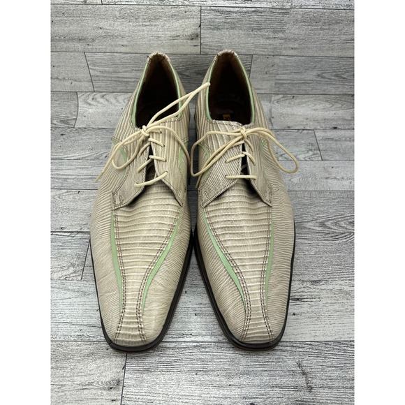 Stacy Adams Mens Lizard Print Leather Dress Shoes Tan Green Trim Lace Up Size 9M - Picture 2 of 15